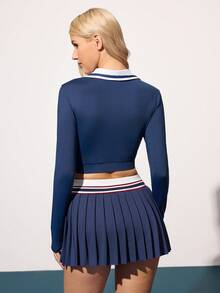 Gameset SHEIN Sport Women's Contrast Color Long Sleeve Sports Polo Shirt - Navy Blue - View 2