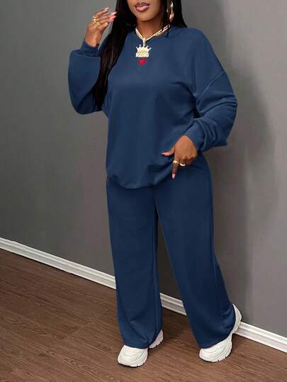 Slaydiva 2024 Autumn/Winter Casual Basic Cute Round Neck Loose Long Sleeve Sweatshirt & Loose Pants Set, Heart Embroidery, Pink Sweatshirt,Cozy Fall And Winter Clothes For Women