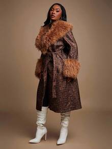 SHEIN SXY Plus Size Women's Brown Autumn Elegant Night Out Club Faux Fur Furry Collar And Cuffs Long Coat With Free Belt,Gorgeous Glamorous Slim Fit Y2K - Multicolor - View 7