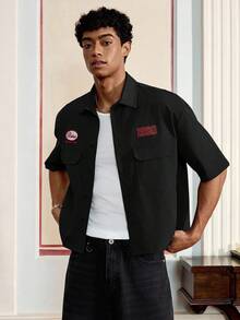 SWAVVY 男士休闲字母刺绣实用短袖衬衫，夏季 - 黑色 - 查看 6