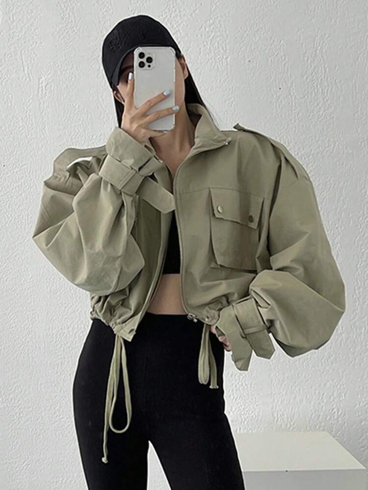 Flap Pocket Drop Shoulder Drawstring Hem Jacket,Fall Clothes