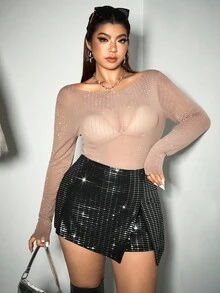 SHEIN EZwear 加大码亮片防闪烁短裙，适合派对和聚会 - 黑色 - 查看 3