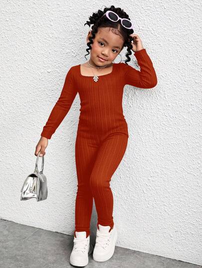 Young Girls' Red High Elasticity Fleece Ribbed Fabric Street Casual Knitted Solid Color Crew Neck Long Sleeve Jumpsuit, Matching Sister Set Fall Winter