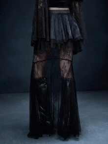 Glisette 女士分层蕾丝缎面蛋糕裙，中长款派对裙，秋冬 - 黑色 - 查看 2