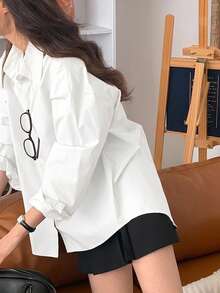 DAZY Damen Lose einfarbige Bluse mit Umlegekragen und Rückenausschnitt, langärmlig, mintgrün, Kleidung für Frühling/Sommer,Herbst - Weiss - Übersicht 5