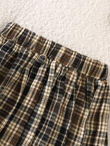 Conjunto de 2 piezas de niña para otoño/invierno de vuelta al colegio, con sudadera de manga larga de punto con estampado de letras inglesas en panel frontal marrón café y cuello blanco sólido, emparejada con falda plisada a cuadros marrón café, adecuado para uso diario, salidas, viajes y reuniones - Café integral - Ver 8