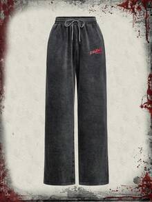 A Nightmare on Elm Street X ROMWE Women's Casual Fashion Street Letter Graphic Drawstring Waist Slant Pocket Loose Wide Leg Sweatpants - Black - View 11