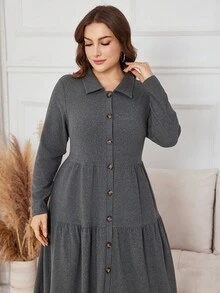 Lacomfia Plus Size Women Elegant Solid Color Button Front Knit Dress, Autumn - Dark Grey - View 3