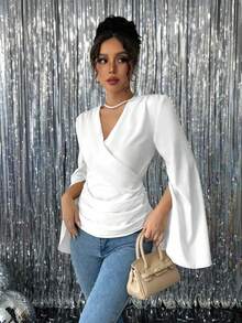 Chiquease Women's V-Neck Long Sleeve Casual Shirt, Minimalist And Fashionable, Suitable For Summer Fall Cloth For Women - White - View 5