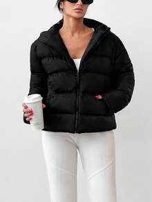 EURMUSE Zip Up Hooded Puffer Coat - Black - View 4