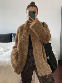 DAZY 女式仿毛领中长款纯色大衣，秋冬 - 咖啡棕 - 查看 3