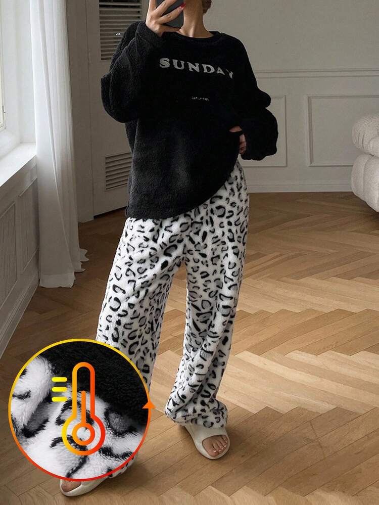 Flannel Thick Letter Decor Top And Leopard Print Fluffy Pants Pajama Set, Thermal Lined, Fall Winter Clothes, Cozy