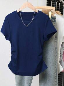 6pcs Women's Casual Everyday Pleated Waist Short Sleeve T-Shirts, Versatile - Burgundy - View 5