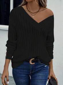 EMERY ROSE 女士休闲纯色落肩宽松T恤 - 黑色 - 查看 3