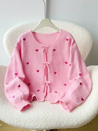 SHEIN Tween Girls' Loose Casual Minimalist Comfortable Round Neck Long Sleeve Tie Bow Heart Cardigan, Back To School Season Fall Winter