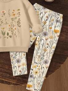 2 件套可爱甜美年轻女孩休闲花卉印花针织柔软圆领长袖运动衫和紧身裤套装，适合秋冬季，舒适时尚的休闲装，非常适合返校、户外野餐、街头摄影、居家、校园、节日、礼物