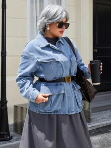 EMERY ROSE Plus Size Women's Fashion Multi-Pocket Denim Jacket - Light Wash - View 3