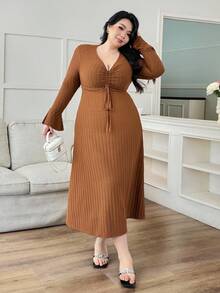 Modelyn Plus Size Women Textured Drawstring Knit Dress - Brown - View 6
