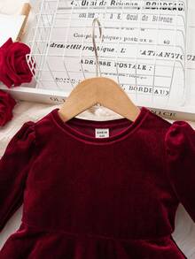 Elegant Burgundy Velvet Long Sleeve Dress, Babygirl - Burgundy - View 6