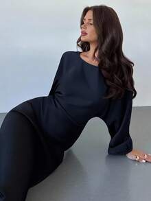 Firerie Women's New Elegant Romantic Casual Urban Commute Elegant Fashion Versatile Round Neck Batwing Long Sleeve Blouse, Suitable For Teachers, Autumn - Navy Blue - View 8