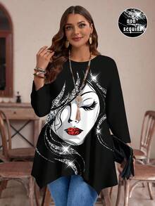 EMERY ROSE Plus Size Women's Casual Asymmetrical Hem Round Neck Loose 3/4 Sleeve T-Shirt, ,Spring/Summer/Vacation - Black - View 3