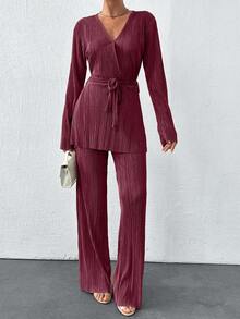 SHEIN Tall Solid Cross Belted Top & Wide Leg Pants Two Piece Set Women Elegant Formal Two Piece Set Two Piece Pants Set Women Pleated Two Piece Set Pants Suit Modest Two Piece Set - Burgundy - View 4
