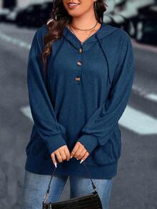 Plus Size Casual Solid Color Sweatshirt - Navy Blue - View 3