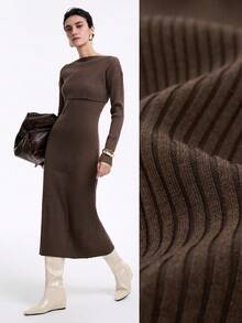 SHEIN LUNE 2pcs Maillard Long Sleeve Shawl Collar Cardigan & Ribbed Camisole Maxi Dress Set, Spring/Autumn - Coffee Brown - View 4
