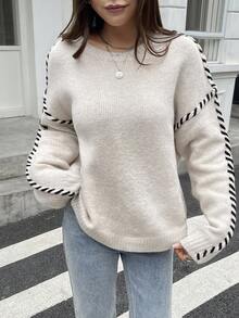 DAZY Women's Loose Fit Contrast Color Round Neck Drop Shoulder Oversized Knit Pullover Sweater, Autumn School - Khaki - View 3