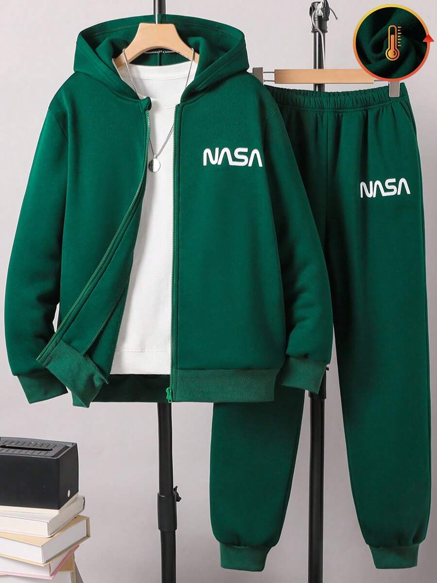 SHEIN 青少年男孩简约印花连帽衫和裤子两件套 - 綠色 - 查看 1