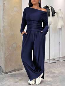 SHEIN EZwear 2 件装海军蓝长袖 T 恤和裤子加大码修身针织套装女款