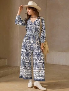 Wildy 女式全印花休闲长袖束腰阔腿连体裤 - 藍白色 - 查看 3