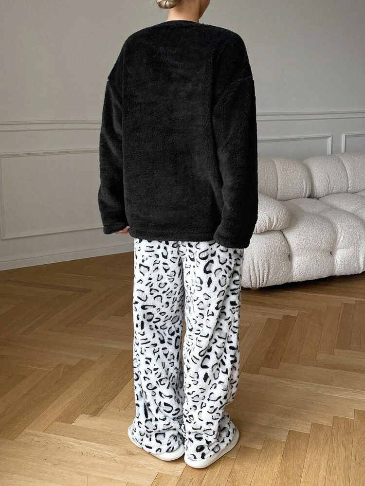 Flannel Thick Letter Decor Top And Leopard Print Fluffy Pants Pajama Set, Thermal Lined, Fall Winter Clothes, Cozy