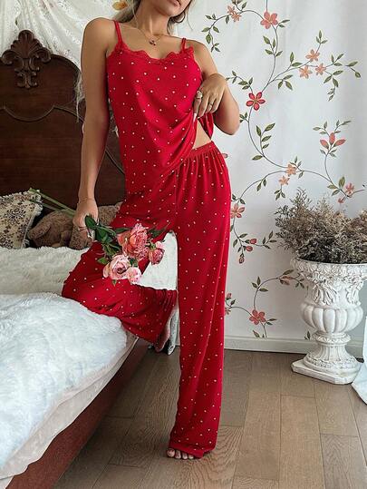 ZzzCrew Knitted Heart Print Camisole Shorts Pajama Set, Verleidelijke view 7