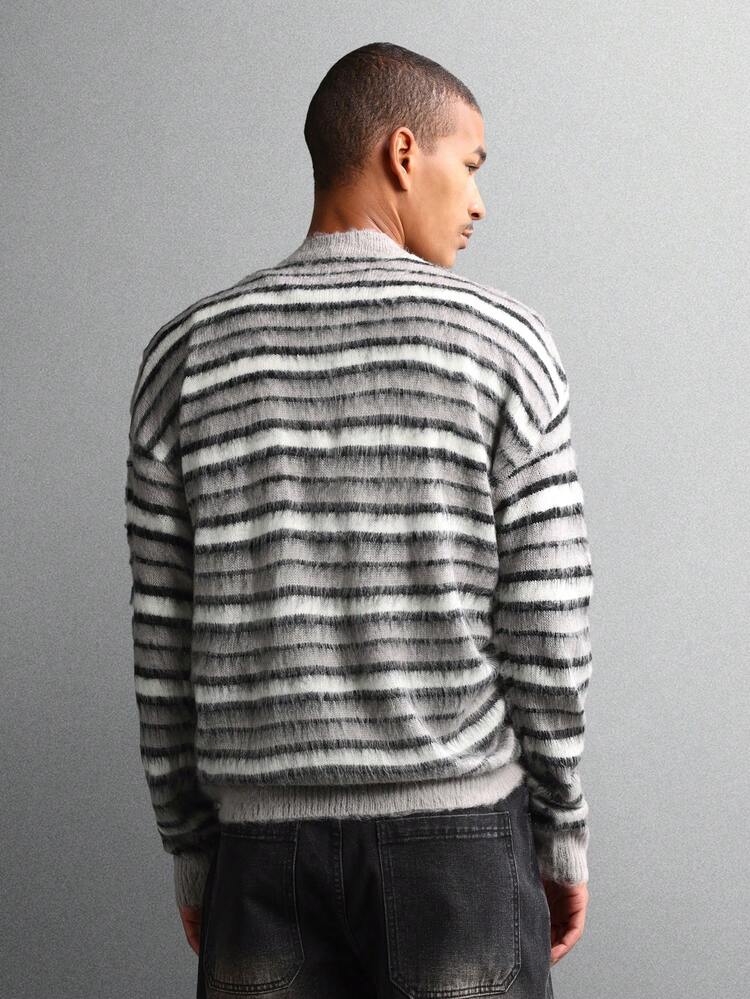 Fluffy Striped Knit Sweater With Crew Neck