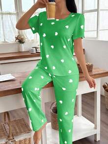 SHEIN Heart Print Short Sleeve Top And Pants Pajama Set - Green - View 3