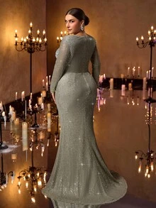Glamrae Elegantes luxuriöses Kleid in Große Größen mit Pailletten, Tüll und gerafftem Meerjungfrauensaum, geeignet für Hochzeiten, Partys, Urlaub, Galas und formelle Anlässe (starke Verzierung)