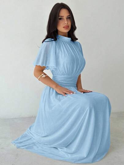 Firerie Women's Elegant Romantic Elegant Daily Commute Beach Vacation Stand Collar Pleated High Waist A-Line Flare Sleeve White Dress Blue