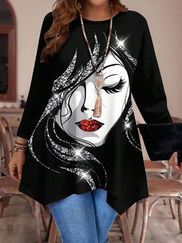 EMERY ROSE Plus Size Women's Casual Asymmetrical Hem Round Neck Loose 3/4 Sleeve T-Shirt, ,Spring/Summer/Vacation