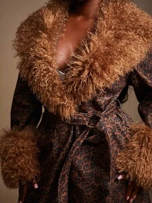 SHEIN SXY Plus Size Women's Brown Autumn Elegant Night Out Club Faux Fur Furry Collar And Cuffs Long Coat With Free Belt,Gorgeous Glamorous Slim Fit Y2K - Multicolor - View 9
