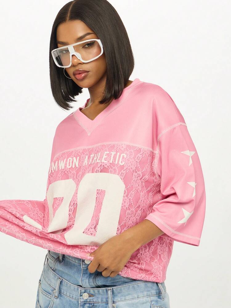 SUMWON WOMEN Oversized Lace Panel V-Neck Jersey With Stars
