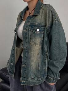 DAZY Women's Loose Distressed Washed Denim Jacket,Back To School Clothes