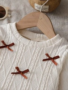SHEIN Autumn New Fashion Chic Baby Girls 2pcs Set: Knitted Jacquard T-Shirt With Bow Decor + A-Line Skirt Fall Winter - Apricot - View 4