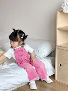SHEIN 女婴3D蝴蝶结装饰蓝色牛仔背带裤，儿童女童春夏休闲度假乡村波西米亚风服装，儿童女童沙滩装，女童西部街头风服装，春假服装，锐舞派对服装牛仔背带裤，女婴秋冬度假服装 - 粉色 - 查看 5