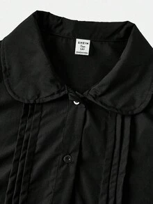 SHEIN Camicetta dolce a maniche lunghe con colletto alla coreana, in colore nero tinta unita, adatta per ragazze adolescenti, stile casual, da casa, da strada, per pendolarismo, clean girl, stile Y2K, adatta per primavera, estate, autunno, inverno
