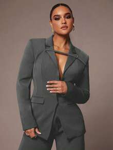 Silquee Conjunto de traje elegante de oficina para mujer, unicolor negro, diseño ajustado con blazer avanzado + pantalones anchos simples. Conjunto de traje adecuado para Acción de Gracias, Navidad, Año Nuevo. Traje de pantalón ancho para mujer.