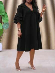 SHEIN CURVE+ Bộ sưu tập trang phục nữ mới năm 2025 - Rave, Lễ Phục sinh, Phong cách Old Money, Hòa nhạc đồng quê, Đi chơi, Fairycore, Lễ hội, Kỳ nghỉ nhiệt đới, Phù hợp cho mùa xuân/hè, Trang phục mùa hè, Rave, Mùa hè châu Âu, Mùa xuân, Trang phục phương Tây Plus, Hòa nhạc, Tốt nghiệp, Đa năng cho việc đi lại hàng ngày, Trang phục công sở thường ngày, Trang phục đi biển tối giản thường ngày - Áo sơ mi tay bèo nhún nhiều lớp, Đầm midi viền bất đối xứng, Đường cong Plus, Váy boho đi nghỉ có tay cỡ lớn 8xl Quần áo nữ Váy bèo nhún cỡ lớn 5xl cỡ lớn Plus Size - màu đen - Xem 4