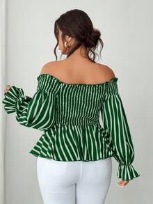 Elenzga Plus Size Off-Shoulder Long Sleeve Casual Vacation Blouse - Dark Green - View 3