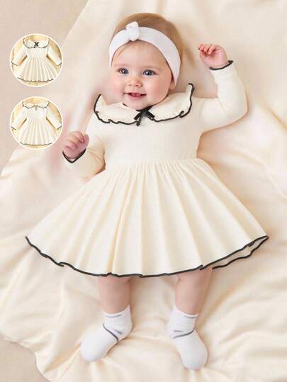 SHEIN فستان أنيق وبسيط للبنات الصغار بأكمام طويلة بياقة دمية وأربطة على الأكمام والذيل المكسر، بتصميم ألوان متباينة، طراز جديد لموسم الخريف