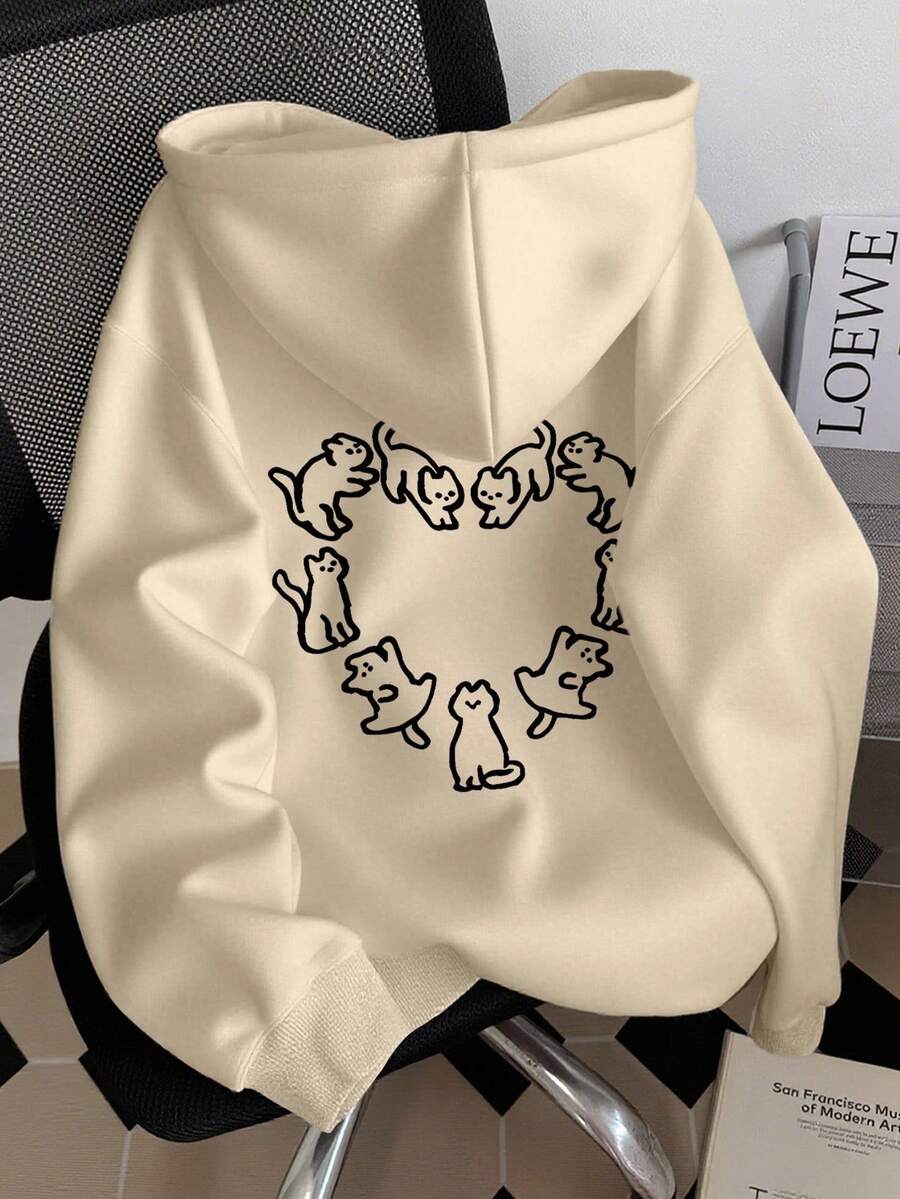 INAWLY 可爱猫咪爱心印花女式连帽长袖卫衣,秋冬季休闲卫衣 - 杏色 - 查看 1